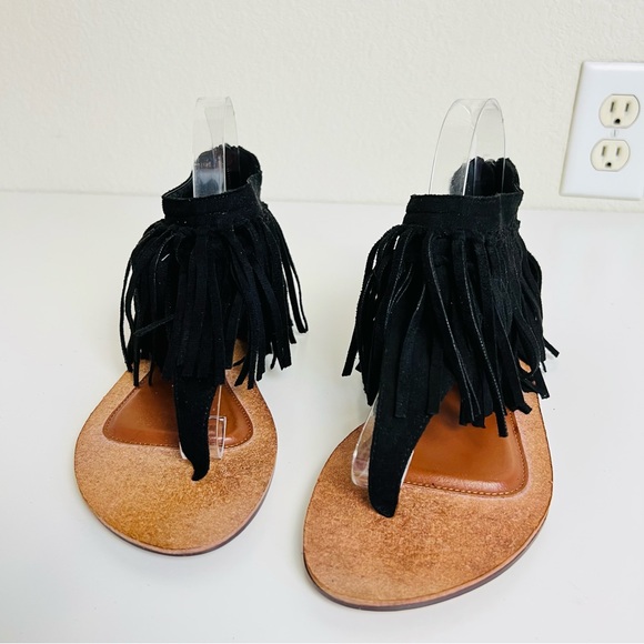 Black Suede Fringe Ankle Zip Up Brown Sole Sandals - Picture 5 of 16